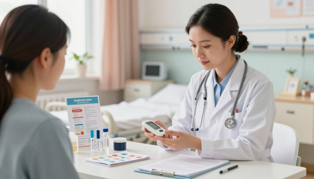 A well-organized nursing intervention scenario focused on endocrine disorders. In the foreground, a professional nurse in a crisp white coat, with a stethoscope around their neck, is attentively examining a patient's blood sugar levels using a glucometer. The nurse has a gentle, caring expression, highlighting empathy in patient care. In the middle ground, a table displays various nursing supplies, including insulin pens, educational charts on endocrine health, and lifestyle modification pamphlets. In the background, there is a softly lit hospital room with calming pastel colors, including a window showing a bright day outside. The atmosphere is warm and reassuring, conveying professionalism and support in a healthcare setting. Use soft, diffused lighting to enhance the sense of care and competence.