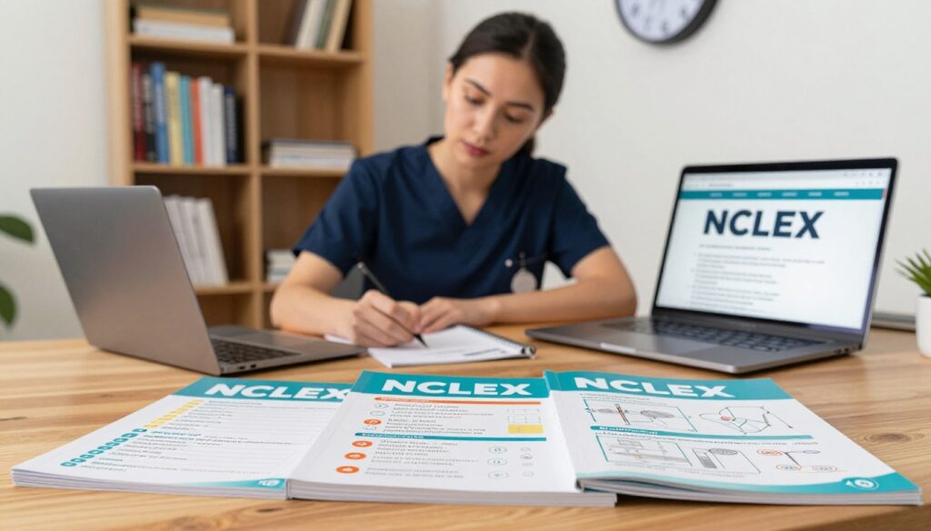 A well-organized study area featuring NCLEX study guides sprawled across a wooden desk. In the foreground, a pair of colorful study guides with charts, bullet points, and diagrams clearly visible, alongside a laptop open to an NCLEX preparation website. In the middle, a focused nursing student dressed in professional attire is reviewing the materials, with a look of concentration. The background displays a bookshelf filled with nursing textbooks and a wall clock, indicating the time pressure of exam preparation. Soft, warm lighting creates a cozy atmosphere, with a slight lens blur effect on the background to emphasize the student and the study guides. Overall, the image conveys determination, focus, and the importance of organized study resources in preparing for the NCLEX.