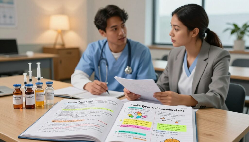A well-organized study area focused on "Insulin Types and Considerations" for NCLEX review, set against a softly lit backdrop of a modern classroom or study space. In the foreground, an open notebook filled with hand-written notes about different insulin types, accompanied by colorful diagrams and highlighted sections. Beside the notebook, a collection of insulin vials or syringes, each labeled distinctly to showcase various types like Rapid-acting, Long-acting, and Intermediate-acting. In the middle, a professional, diverse male and female nurse in business attire discussing the notes and displaying an engaged demeanor. The lighting is warm and inviting, creating a focused atmosphere for learning. The angle is slightly above eye level, emphasizing the study materials while capturing the collaborative spirit of nursing education. A well-organized study area focused on "Insulin Types and Considerations" for NCLEX review, set against a softly lit backdrop of a modern classroom or study space. In the foreground, an open notebook filled with hand-written notes about different insulin types, accompanied by colorful diagrams and highlighted sections. Beside the notebook, a collection of insulin vials or syringes, each labeled distinctly to showcase various types like Rapid-acting, Long-acting, and Intermediate-acting. In the middle, a professional, diverse male and female nurse in business attire discussing the notes and displaying an engaged demeanor. The lighting is warm and inviting, creating a focused atmosphere for learning. The angle is slightly above eye level, emphasizing the study materials while capturing the collaborative spirit of nursing education.