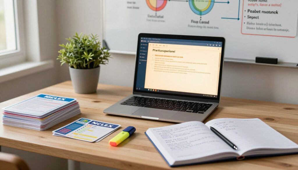 A well-organized study desk adorned with NCLEX preparation materials. In the foreground, a neatly arranged stack of flashcards, a colorful highlighter, and an open notebook filled with handwritten study notes. In the middle, a laptop screen displaying a practice question interface, glowing softly in warm light, emphasizing a cozy study atmosphere. A potted plant adds a touch of life, contrasting with the focused materials. The background features a whiteboard with colorful diagrams and key terms relevant to nursing concepts, ensuring clarity. Soft, natural light filters through a nearby window, creating a calm and focused environment, perfect for serious study. The overall mood is inspiring and motivating, encouraging diligent preparation for the NCLEX exam.