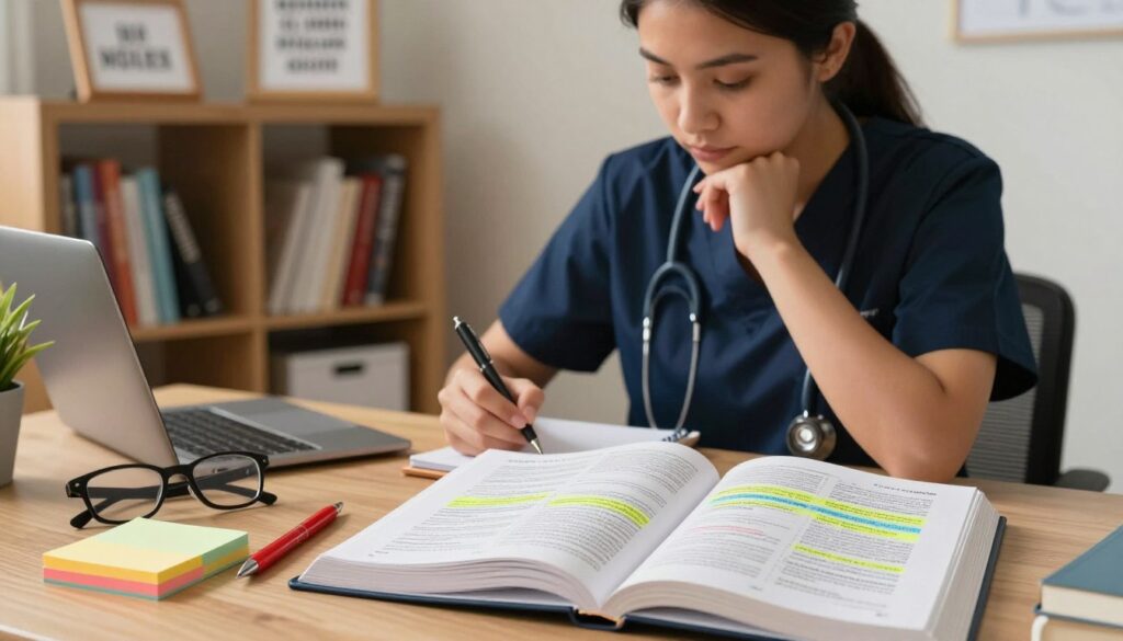 A well-organized study desk featuring an open NCLEX textbook displaying a bowtie question format, with highlighted sections emphasizing common pitfalls. In the foreground, a pair of glasses rests beside colorful sticky notes and a red pen, symbolizing meticulous study preparation. The middle ground features a focused nursing student in professional attire, thoughtfully analyzing the textbook and taking notes. A soft, warm light illuminates the space, creating a calming atmosphere conducive to learning. In the background, a bookshelf filled with nursing reference books and framed motivational quotes enhances the educational environment. The overall composition should inspire confidence and concentration, emphasizing the importance of mastering NCLEX bowtie questions.