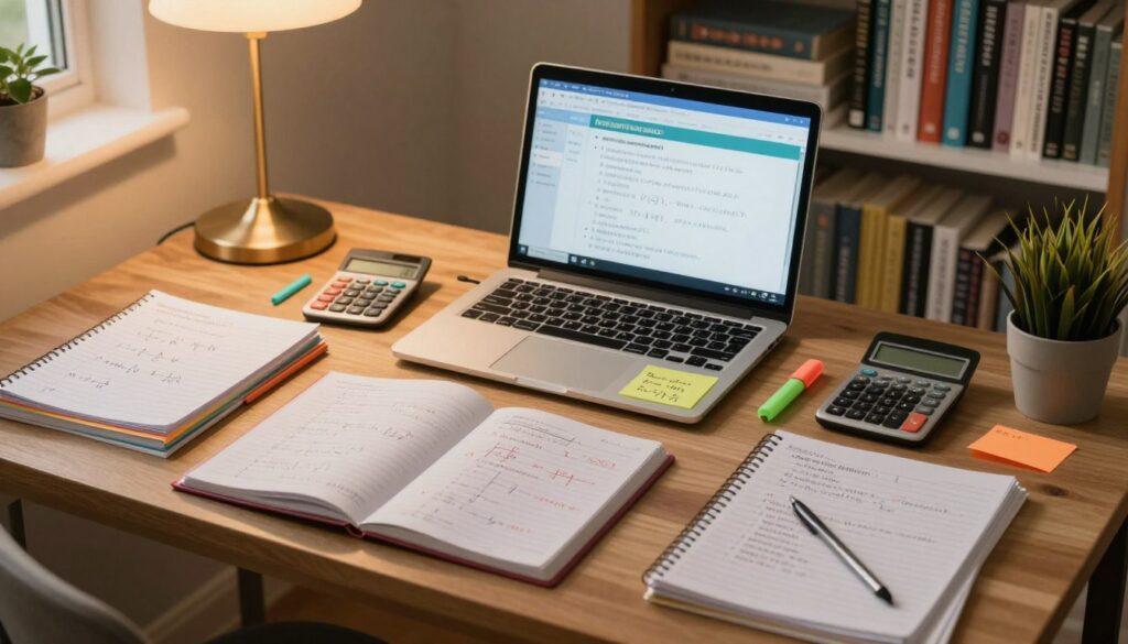 A well-organized study desk in a cozy, softly lit room serves as the foreground, featuring open notebooks filled with math problems and colorful study materials related to NCLEX math concepts. In the middle, a laptop displays a virtual study session with interactive math practice questions. Scattered around are a calculator, highlighters, and sticky notes with key formulas. The background features a bookshelf filled with nursing textbooks and educational resources, creating a scholarly atmosphere. Warm ambient lighting casts a gentle glow, enhancing a focused and motivational mood. The image is captured from a slightly elevated angle to showcase the entire study setup, inviting viewers into the world of NCLEX preparation. A well-organized study desk in a cozy, softly lit room serves as the foreground, featuring open notebooks filled with math problems and colorful study materials related to NCLEX math concepts. In the middle, a laptop displays a virtual study session with interactive math practice questions. Scattered around are a calculator, highlighters, and sticky notes with key formulas. The background features a bookshelf filled with nursing textbooks and educational resources, creating a scholarly atmosphere. Warm ambient lighting casts a gentle glow, enhancing a focused and motivational mood. The image is captured from a slightly elevated angle to showcase the entire study setup, inviting viewers into the world of NCLEX preparation.