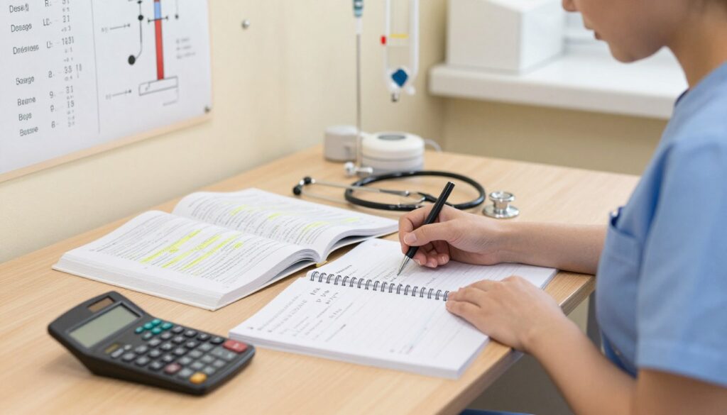 A well-organized study desk in the foreground featuring a nurse in professional scrubs, focused on a math workbook filled with nursing-related calculations and diagrams. Beside her is a scientific calculator displaying numbers. The middle layer includes opened nursing textbooks with highlighted math concepts and a stethoscope. The background showcases a softly lit classroom or study space with charts on the wall that illustrate essential math skills like dosages, IV rates, and conversions. The atmosphere is calm and studious, suggesting dedication and professionalism, with warm lighting creating a nurturing environment. Employing a shallow depth of field to keep attention on the nurse and her materials, while softly blurring the background elements.