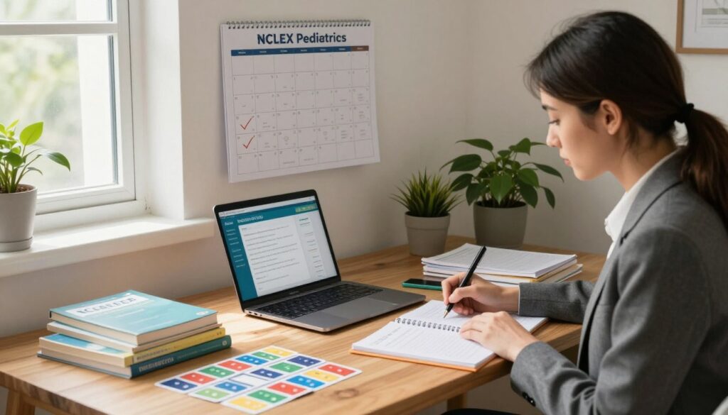 A well-organized study environment for NCLEX pediatrics preparation, featuring a wooden desk with neatly arranged study materials including textbooks, colorful flashcards, and a laptop open with an online study program. In the foreground, a professional woman in business attire, focused and taking notes, exudes determination. The middle layer showcases a wall-mounted calendar outlining a study schedule with checkmarks on completed tasks. The background features soft natural light streaming through a window, casting a warm glow on the scene. A peaceful atmosphere is enhanced by indoor plants and minimalistic decor. The room conveys a sense of productivity and focus, ideal for efficient studying. The image captures the essence of creating a structured study plan for NCLEX success in pediatrics.