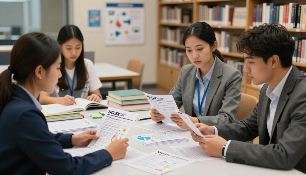 A well-organized study scene depicting NCLEX infection control questions. In the foreground, a diverse group of three medical students, dressed in professional business attire, are engaged in discussion while studying a stack of question cards related to infection control. The middle ground features a bright and organized study table littered with medical textbooks, notes, and diagrams illustrating infection prevention methods. In the background, a softly blurred library setting, with shelves filled with medical literature and posters on hygiene practices. The lighting is warm and inviting, creating a focused yet relaxed atmosphere, giving a sense of purpose and collaboration in preparing for the NCLEX exam. The overall mood is conducive to learning, emphasizing professionalism and curiosity. A well-organized study scene depicting NCLEX infection control questions. In the foreground, a diverse group of three medical students, dressed in professional business attire, are engaged in discussion while studying a stack of question cards related to infection control. The middle ground features a bright and organized study table littered with medical textbooks, notes, and diagrams illustrating infection prevention methods. In the background, a softly blurred library setting, with shelves filled with medical literature and posters on hygiene practices. The lighting is warm and inviting, creating a focused yet relaxed atmosphere, giving a sense of purpose and collaboration in preparing for the NCLEX exam. The overall mood is conducive to learning, emphasizing professionalism and curiosity.