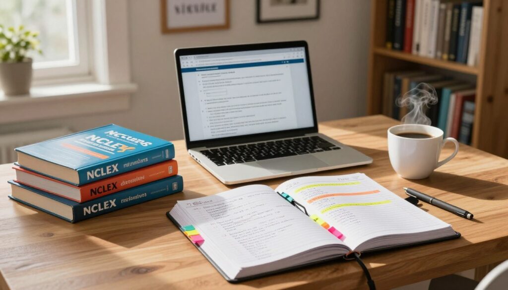 A well-organized study schedule displayed prominently on a wooden desk in a cozy, well-lit study room. The foreground features an open planner filled with handwritten notes and a colorful array of sticky tabs highlighting key subjects. A stack of NCLEX review books with vibrant covers is neatly arranged beside the planner. In the middle, a laptop is open, showing a practice question on the screen, and a cup of coffee steams gently beside it, adding warmth to the scene. The background includes a soft bookshelf filled with nursing textbooks and motivational quotes framed on the wall. The atmosphere is calm and focused, with warm natural light filtering through a window, casting soft shadows that enhance the studious vibe. A well-organized study schedule displayed prominently on a wooden desk in a cozy, well-lit study room. The foreground features an open planner filled with handwritten notes and a colorful array of sticky tabs highlighting key subjects. A stack of NCLEX review books with vibrant covers is neatly arranged beside the planner. In the middle, a laptop is open, showing a practice question on the screen, and a cup of coffee steams gently beside it, adding warmth to the scene. The background includes a soft bookshelf filled with nursing textbooks and motivational quotes framed on the wall. The atmosphere is calm and focused, with warm natural light filtering through a window, casting soft shadows that enhance the studious vibe.
