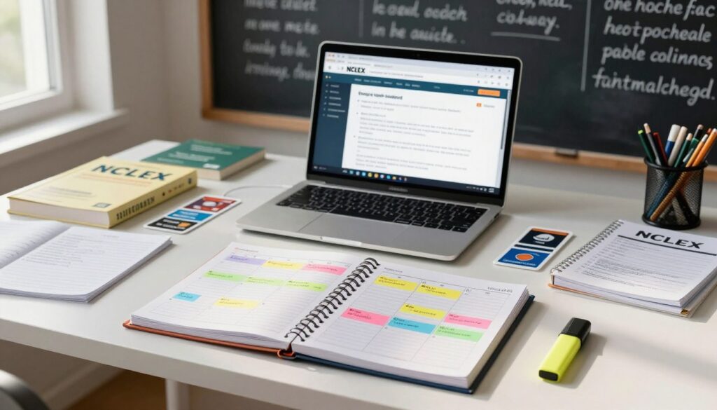 A well-organized study schedule for the NCLEX exam displayed on a sleek, modern desk. In the foreground, a neatly arranged planner opened to a weekly view with colorful sticky notes for each study topic and highlighted sections. The middle space features a laptop with NCLEX test prep software open, surrounded by study materials like textbooks, flashcards, and highlighters. In the background, a chalkboard wall filled with motivational quotes and study tips. Soft, natural lighting from a nearby window casts a warm glow and creates a focused atmosphere. The overall mood is inspiring and productive, encouraging diligent study habits.