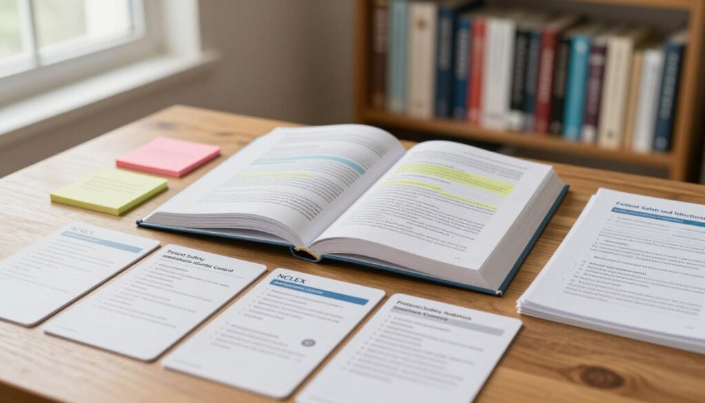 A well-organized study space depicting NCLEX question examples focused on "Patient Safety and Infection Control." In the foreground, a wooden table with neatly arranged flashcards listing question scenarios related to patient safety protocols, hygiene practices, and infection control measures. In the middle, an open textbook highlighting essential nursing concepts and strategies, surrounded by color-coded sticky notes for added emphasis. The background features a softly blurred bookshelf filled with nursing literature, enhancing the academic atmosphere. Warm, natural lighting from a window casts a gentle glow over the scene, creating an inviting and focused mood. A close-up angle emphasizes the details of the study materials, promoting a sense of professionalism and engagement. A well-organized study space depicting NCLEX question examples focused on "Patient Safety and Infection Control." In the foreground, a wooden table with neatly arranged flashcards listing question scenarios related to patient safety protocols, hygiene practices, and infection control measures. In the middle, an open textbook highlighting essential nursing concepts and strategies, surrounded by color-coded sticky notes for added emphasis. The background features a softly blurred bookshelf filled with nursing literature, enhancing the academic atmosphere. Warm, natural lighting from a window casts a gentle glow over the scene, creating an inviting and focused mood. A close-up angle emphasizes the details of the study materials, promoting a sense of professionalism and engagement.