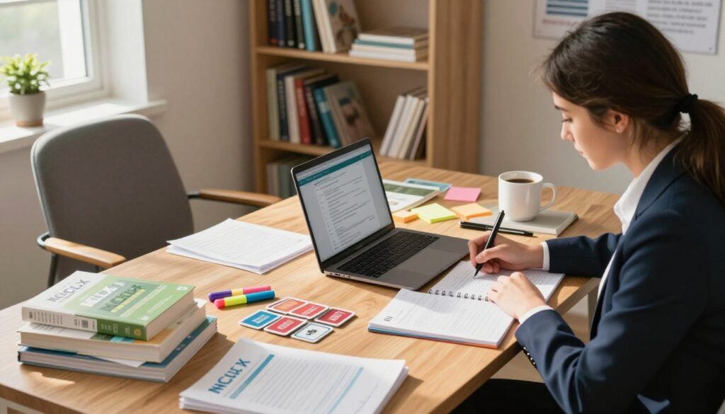 A well-organized study space designed for NCLEX preparation, featuring a wooden desk cluttered with diverse NCLEX prep resources such as textbooks, flashcards, and a laptop open to a practice exam. In the foreground, a dedicated student in professional business attire, focused and taking notes. The middle layer showcases a comfy chair and a coffee mug alongside highlighters and sticky notes. The background includes a softly lit bookshelf filled with nursing reference books and a motivational poster related to nursing. The scene is illuminated by warm, natural sunlight streaming through a window, creating a cozy and studious atmosphere perfect for effective learning. A well-organized study space designed for NCLEX preparation, featuring a wooden desk cluttered with diverse NCLEX prep resources such as textbooks, flashcards, and a laptop open to a practice exam. In the foreground, a dedicated student in professional business attire, focused and taking notes. The middle layer showcases a comfy chair and a coffee mug alongside highlighters and sticky notes. The background includes a softly lit bookshelf filled with nursing reference books and a motivational poster related to nursing. The scene is illuminated by warm, natural sunlight streaming through a window, creating a cozy and studious atmosphere perfect for effective learning.