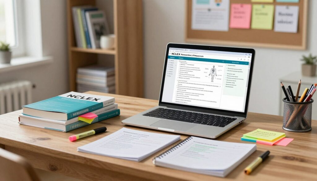 A well-organized study space designed for NCLEX preparation, focusing on key nursing topics. In the foreground, a neatly arranged wooden desk featuring a stack of nursing textbooks, highlighters, and colorful sticky notes outlining critical topics. In the middle, an open laptop displaying a study schedule with nursing diagrams and flashcards prominently featured. The background showcases a cozy, well-lit room with shelves filled with more nursing resources and a bulletin board pinned with notes and motivational quotes. Soft, natural lighting filters in from a nearby window, creating a calm, focused atmosphere conducive to learning. The image conveys a sense of professionalism and dedication to mastering nursing concepts. A well-organized study space designed for NCLEX preparation, focusing on key nursing topics. In the foreground, a neatly arranged wooden desk featuring a stack of nursing textbooks, highlighters, and colorful sticky notes outlining critical topics. In the middle, an open laptop displaying a study schedule with nursing diagrams and flashcards prominently featured. The background showcases a cozy, well-lit room with shelves filled with more nursing resources and a bulletin board pinned with notes and motivational quotes. Soft, natural lighting filters in from a nearby window, creating a calm, focused atmosphere conducive to learning. The image conveys a sense of professionalism and dedication to mastering nursing concepts.