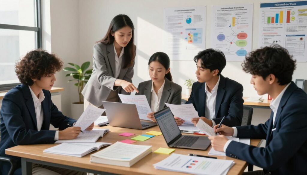 A well-organized study space featuring a diverse group of three students in professional attire, intensely reviewing pharmacology materials. In the foreground, a wooden desk cluttered with textbooks, colorful sticky notes, and a laptop displaying a pharmacology app. The middle layer includes students actively engaging in discussions, pointing at diagrams, and highlighting important notes. Soft natural light streams in through a nearby window, casting gentle shadows across the room. The background features a wall covered with pharmacology charts and posters showcasing drug classifications and mechanisms of action. The atmosphere is focused and dynamic, reflecting a productive study environment aimed at avoiding common exam mistakes. A well-organized study space featuring a diverse group of three students in professional attire, intensely reviewing pharmacology materials. In the foreground, a wooden desk cluttered with textbooks, colorful sticky notes, and a laptop displaying a pharmacology app. The middle layer includes students actively engaging in discussions, pointing at diagrams, and highlighting important notes. Soft natural light streams in through a nearby window, casting gentle shadows across the room. The background features a wall covered with pharmacology charts and posters showcasing drug classifications and mechanisms of action. The atmosphere is focused and dynamic, reflecting a productive study environment aimed at avoiding common exam mistakes.
