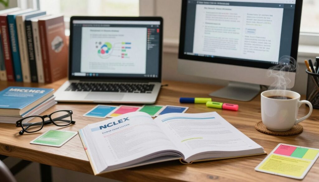 A well-organized study space featuring an open NCLEX study guide laid out on a wooden desk, surrounded by colorful flashcards and highlighters. In the foreground, a pair of eyeglasses rests next to a steaming cup of coffee, indicating a focused study session. The middle ground includes a computer screen displaying a video lecture on nursing theory, with diagrams and notes partially visible. The background showcases a bookshelf filled with nursing textbooks and reference materials, bathed in soft, natural light filtering through a window that adds warmth to the scene. The overall mood is calm and motivated, perfect for a dedicated nursing student preparing for the NCLEX exam.