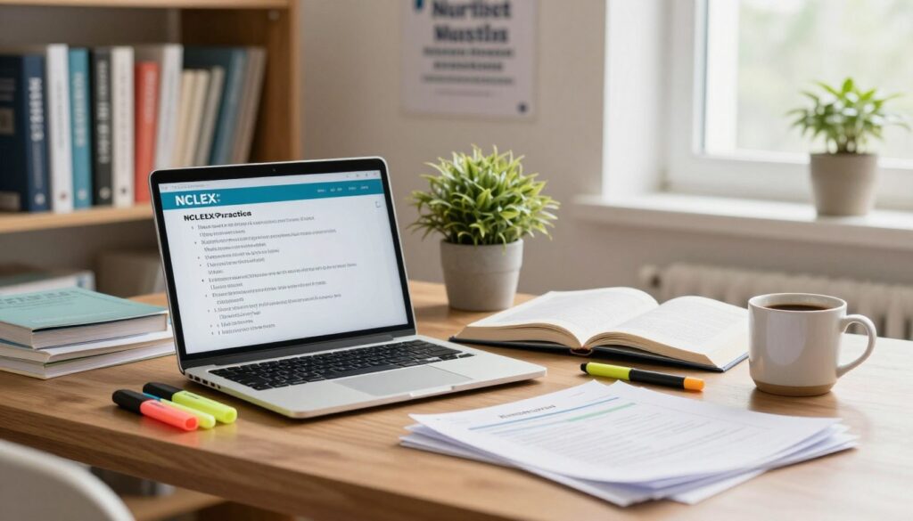 A well-organized study space focused on NCLEX practice questions, positioned in a bright, inviting environment. The foreground features a neatly arranged wooden desk with a laptop displaying NCLEX-style questions related to health promotion and maintenance. Scattered on the desk are colorful highlighters, a stack of study notes, and a ceramic coffee mug. The middle ground reveals an open book emphasizing health concepts, while a potted plant adds a touch of nature. The background includes a shelf lined with medical textbooks and a motivational poster about nursing. Soft, natural lighting filters through a window, creating a warm, productive atmosphere. The composition should inspire focus and dedication, with no people included, solely emphasizing the study materials. A well-organized study space focused on NCLEX practice questions, positioned in a bright, inviting environment. The foreground features a neatly arranged wooden desk with a laptop displaying NCLEX-style questions related to health promotion and maintenance. Scattered on the desk are colorful highlighters, a stack of study notes, and a ceramic coffee mug. The middle ground reveals an open book emphasizing health concepts, while a potted plant adds a touch of nature. The background includes a shelf lined with medical textbooks and a motivational poster about nursing. Soft, natural lighting filters through a window, creating a warm, productive atmosphere. The composition should inspire focus and dedication, with no people included, solely emphasizing the study materials.