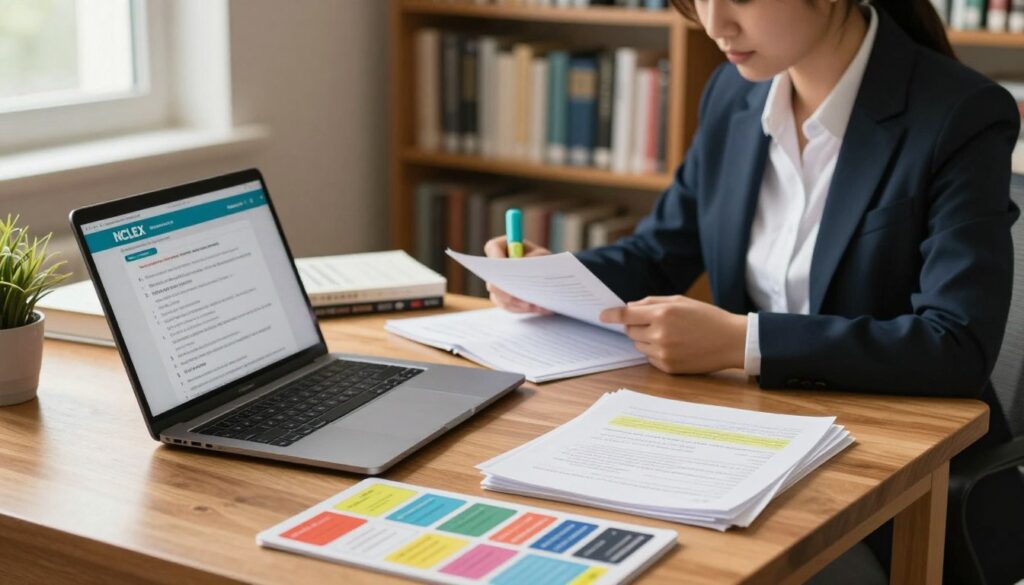 A well-organized study space focused on NCLEX test strategies. In the foreground, a neatly arranged wooden desk features a laptop displaying practice tests and sample questions, along with colorful flashcards and study guides. In the middle ground, a student, dressed in professional business attire, is intently reviewing notes, a highlighter in hand, surrounded by highlighted documents and textbooks. The background reveals a cozy library with bookshelves filled with nursing literature. Soft, natural lighting filters through a nearby window, casting a warm glow. The atmosphere is one of concentration and focus, reflecting the dedication required for effective NCLEX preparation. The image captures a moment of active studying without distractions or additional elements. A well-organized study space focused on NCLEX test strategies. In the foreground, a neatly arranged wooden desk features a laptop displaying practice tests and sample questions, along with colorful flashcards and study guides. In the middle ground, a student, dressed in professional business attire, is intently reviewing notes, a highlighter in hand, surrounded by highlighted documents and textbooks. The background reveals a cozy library with bookshelves filled with nursing literature. Soft, natural lighting filters through a nearby window, casting a warm glow. The atmosphere is one of concentration and focus, reflecting the dedication required for effective NCLEX preparation. The image captures a moment of active studying without distractions or additional elements.