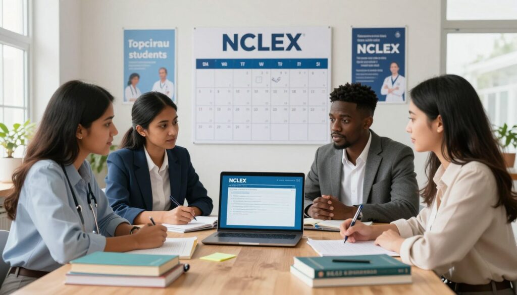 A well-organized study space focused on the NCLEX exam requirements for international students. In the foreground, a wooden desk cluttered with study materials such as books, notes, and a laptop displaying an NCLEX scheduling page. A diverse group of three international students (a South Asian woman, an African American man, and a Hispanic woman) are seated, dressed in professional business attire, discussing their plans. In the middle, a large wall calendar highlights important NCLEX exam dates, surrounded by motivational posters about nursing. In the background, a bright window lets in natural light, casting a warm embrace over the room, creating an atmosphere of determination and preparation. The scene captures a sense of clarity and focus, symbolizing the journey toward scheduling the NCLEX exam.