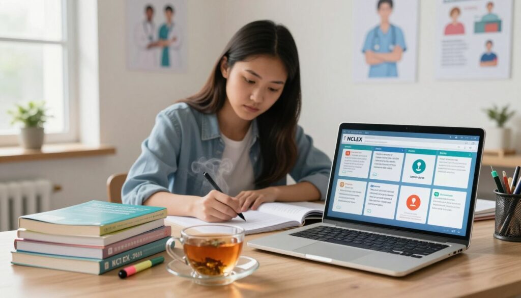 A well-organized study space for NCLEX exam preparation, featuring an open laptop displaying colorful digital flashcards on the screen. In the foreground, a stack of nursing textbooks and highlighters are neatly arranged, while a calming cup of herbal tea steams beside them. The middle ground showcases a focused nursing student, wearing smart casual attire, deeply engaged in study, with a determined expression. Natural light flows in from a nearby window, creating a warm, inviting atmosphere. In the background, soft-focus wall posters of nursing concepts and a small plant add life to the space. The composition conveys a sense of diligence and motivation, ideal for effectively reviewing NCLEX rationales.