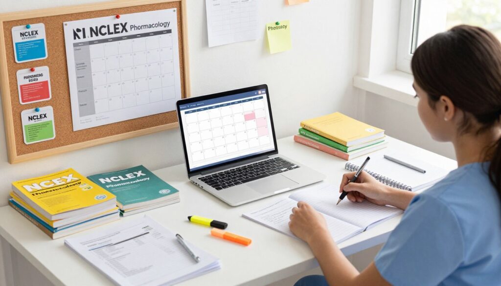 A well-organized study space for NCLEX pharmacology, featuring a neatly arranged desk with colorful study materials, including flashcards, textbooks, and a study schedule pinned on a corkboard. In the foreground, a focused nursing student in professional attire is seated at the desk, surrounded by highlighters and notes. The middle ground showcases a bright laptop displaying a digital calendar with study blocks. In the background, a window lets in natural light, creating a warm, inviting atmosphere. The overall mood is one of motivation and productivity, emphasizing the importance of a structured study schedule for success in pharmacology. Use soft, diffused lighting to evoke a sense of calm and focus, captured from a slightly elevated angle to highlight the study environment. A well-organized study space for NCLEX pharmacology, featuring a neatly arranged desk with colorful study materials, including flashcards, textbooks, and a study schedule pinned on a corkboard. In the foreground, a focused nursing student in professional attire is seated at the desk, surrounded by highlighters and notes. The middle ground showcases a bright laptop displaying a digital calendar with study blocks. In the background, a window lets in natural light, creating a warm, inviting atmosphere. The overall mood is one of motivation and productivity, emphasizing the importance of a structured study schedule for success in pharmacology. Use soft, diffused lighting to evoke a sense of calm and focus, captured from a slightly elevated angle to highlight the study environment.