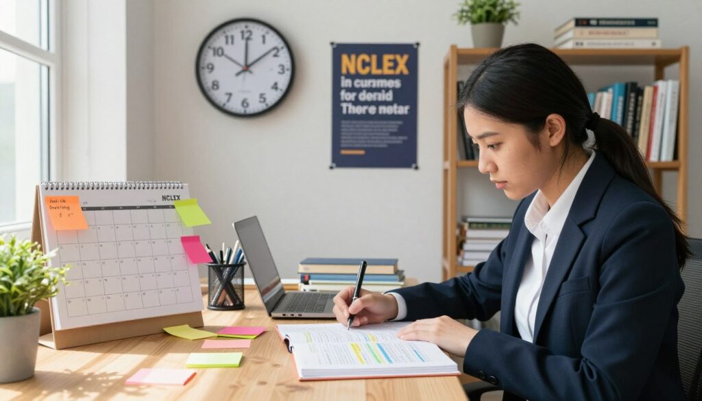 A well-organized study space for NCLEX preparation, featuring a wooden desk cluttered with colorful post-it notes, a detailed study schedule on a calendar, and an open textbook with highlighted sections. In the foreground, a focused student in professional business attire takes notes while reviewing material, their expression determined and engaged. In the middle ground, a wall clock prominently displays the time, emphasizing time management, alongside a motivational poster about studying. The background includes a shelf filled with nursing textbooks and a small plant, creating a calming atmosphere. The scene is well-lit with natural light coming through a window, casting soft shadows, and conveying a mood of productivity and motivation. A well-organized study space for NCLEX preparation, featuring a wooden desk cluttered with colorful post-it notes, a detailed study schedule on a calendar, and an open textbook with highlighted sections. In the foreground, a focused student in professional business attire takes notes while reviewing material, their expression determined and engaged. In the middle ground, a wall clock prominently displays the time, emphasizing time management, alongside a motivational poster about studying. The background includes a shelf filled with nursing textbooks and a small plant, creating a calming atmosphere. The scene is well-lit with natural light coming through a window, casting soft shadows, and conveying a mood of productivity and motivation.