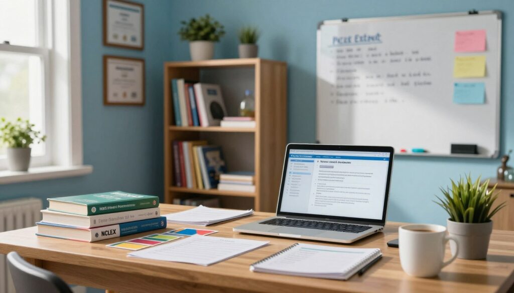 A well-organized study space for NCLEX preparation, featuring a wooden desk cluttered with textbooks, a laptop displaying study materials, colorful flashcards, and a neatly arranged planner. In the foreground, a coffee cup and a small plant add a touch of warmth. The middle ground showcases a bookshelf filled with additional nursing resources and a whiteboard with key notes and reminders. Soft natural light filters in from a nearby window, casting gentle shadows and creating a focused, inviting atmosphere. The background has a calming blue wall with nursing certificates framed neatly, suggesting dedication and professionalism. Capture the mood of determination and knowledge as a nursing student prepares for the NCLEX exam, emphasizing focus and organization in an academic setting.