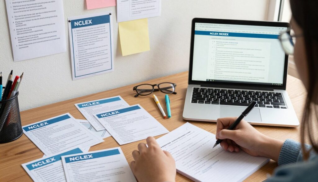 A well-organized study space for NCLEX preparation, featuring a wooden desk cluttered with NCLEX-style question flashcards, a laptop displaying a practice exam, and stationery scattered around. In the foreground, a pair of hands actively writing notes is seen, emphasizing engagement with the material. The middle ground shows a wall with pinned motivational quotes about nursing and successful test-taking strategies. In the background, soft natural light filters through a window, creating a calm and focused atmosphere. This scene captures the intense yet hopeful mood of a dedicated student gearing up to improve their NCLEX scores. The image is shot from a slightly elevated angle to capture the entirety of the study environment.