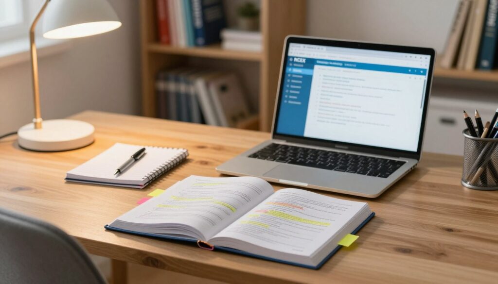 A well-organized study space for NCLEX preparation, featuring a wooden table as the foreground with an open NCLEX review book filled with highlighted notes and a set of colorful sticky tabs. Beside the book, a laptop displaying online study resources is open, with a cozy desk lamp casting warm, soft light over the scene. In the middle ground, a comfortable chair with a neatly arranged notepad and pens nearby enhances the study atmosphere. The background shows a bookshelf filled with more NCLEX review materials and nursing textbooks, subtly blurred to keep the focus on the study area. The overall mood should feel productive and inviting, evoking a sense of motivation and focus in the ambiance.