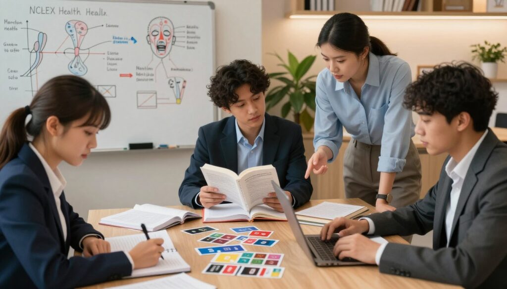 A well-organized study space for mental health NCLEX preparation, featuring a diverse group of three students in professional business attire engaged in focused study activities. In the foreground, one student writes notes, another reviews a textbook, and the third discusses with a tutor, all surrounded by study materials like flashcards, notebooks, and a laptop. The middle layer shows a whiteboard filled with diagrams related to mental health topics, emphasizing collaboration and learning. In the background, a calming atmosphere with warm, soft lighting mimicking a cozy study environment. The mood conveys focus, motivation, and camaraderie among learners, with plants subtly enhancing the tranquil ambiance. The angle captures the scene from a slightly elevated perspective, allowing for a comprehensive view of the study dynamics without any distractions.