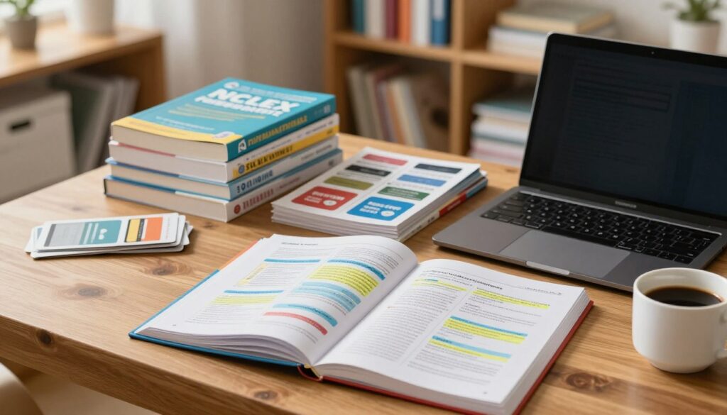 A well-organized study space showcasing a NCLEX fundamentals study guide. In the foreground, there’s an open study guide with colorful charts and highlighted notes on a wooden desk. A laptop and a cup of coffee are nearby, suggesting a focused study session. In the middle ground, a stack of various study materials, including textbooks and flashcards, neatly arranged. The background features a warm, softly lit room with shelves filled with additional nursing resources, creating an inviting atmosphere. Soft, diffused lighting enhances the warmth of the scene, conveying a sense of calm and productivity. The camera angle is slightly above the desk, allowing for a comprehensive view of the study materials without any human subjects present. The image radiates an atmosphere of dedication and scholarly pursuit.