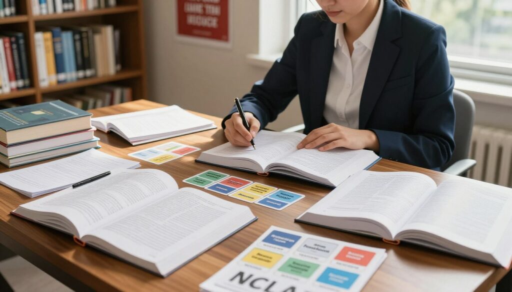 A well-organized study space showcasing core subjects tested on the NCLEX exam. In the foreground, a large wooden table is covered with open textbooks, notes, and colorful flashcards labeled with terms like "Pharmacology," "Nursing Fundamentals," and "Mental Health." In the middle ground, a figure sits in a professional business attire, deep in concentration as they highlight important information in a textbook. The background features a cozy, softly lit library with shelves lined with nursing reference books and motivational posters. The natural light filters through a nearby window, casting a warm glow, creating an atmosphere of focus and determination. The perspective is slightly elevated, capturing the essence of an engaged study environment, emphasizing the importance of preparation for the NCLEX. A well-organized study space showcasing core subjects tested on the NCLEX exam. In the foreground, a large wooden table is covered with open textbooks, notes, and colorful flashcards labeled with terms like "Pharmacology," "Nursing Fundamentals," and "Mental Health." In the middle ground, a figure sits in a professional business attire, deep in concentration as they highlight important information in a textbook. The background features a cozy, softly lit library with shelves lined with nursing reference books and motivational posters. The natural light filters through a nearby window, casting a warm glow, creating an atmosphere of focus and determination. The perspective is slightly elevated, capturing the essence of an engaged study environment, emphasizing the importance of preparation for the NCLEX.