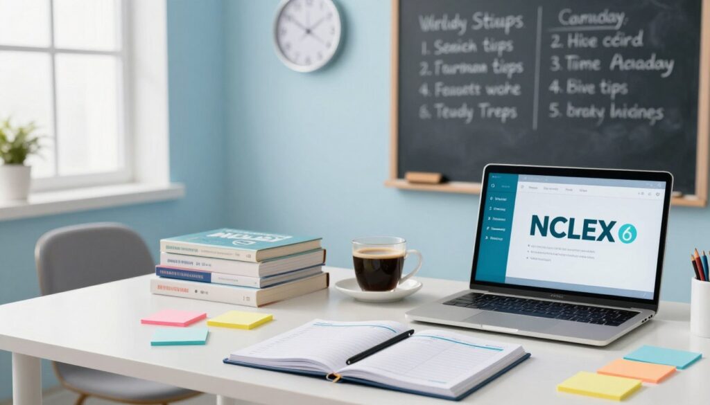 A well-organized study space showcasing effective NCLEX time management tips. In the foreground, a neatly arranged desk with colorful sticky notes, a planner open to a weekly study schedule, and a laptop displaying a digital timer. The middle section features a comfortable chair, a stack of nursing textbooks, and a calming cup of coffee. The background includes a chalkboard with strategic study tips written in chalk, a wall clock emphasizing time management, and a window with soft, natural light spilling in. The atmosphere should convey focus and productivity, with a cohesive color palette of light blues and whites, suggesting a serene yet motivating environment for studying.