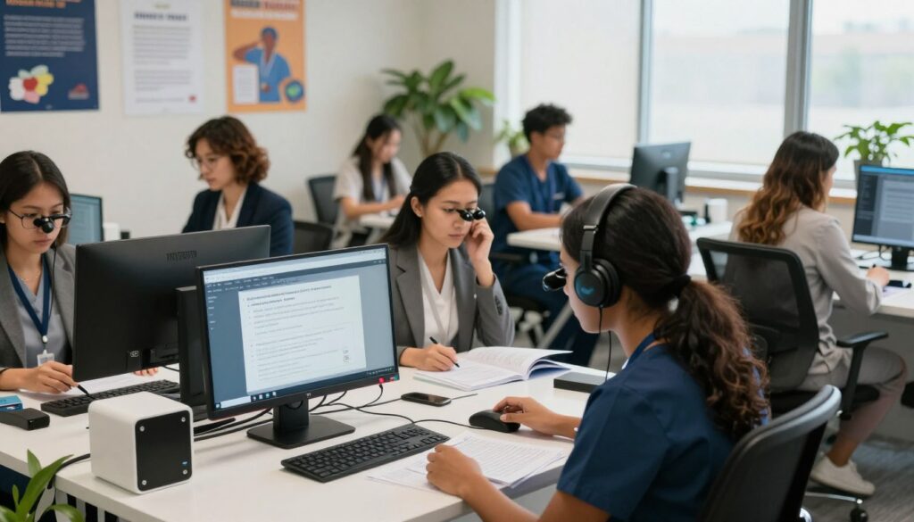 A well-organized testing room designed for nursing students taking the NCLEX exam, focusing on accommodations for diverse learners. In the foreground, a study desk is equipped with adaptive technologies such as a computer screen displaying accessibility features, ergonomic chairs, and noise-cancelling headphones. In the middle, a group of nursing students of various ethnicities, dressed in professional business attire, are engaged in a simulated testing environment, utilizing special tools like large-font materials and screen magnifiers. The background shows a calming, well-lit room with motivational educational posters, plants, and windows allowing natural light to filter in. The atmosphere is supportive and focused, conveying a sense of empowerment and inclusivity for all test-takers. A well-organized testing room designed for nursing students taking the NCLEX exam, focusing on accommodations for diverse learners. In the foreground, a study desk is equipped with adaptive technologies such as a computer screen displaying accessibility features, ergonomic chairs, and noise-cancelling headphones. In the middle, a group of nursing students of various ethnicities, dressed in professional business attire, are engaged in a simulated testing environment, utilizing special tools like large-font materials and screen magnifiers. The background shows a calming, well-lit room with motivational educational posters, plants, and windows allowing natural light to filter in. The atmosphere is supportive and focused, conveying a sense of empowerment and inclusivity for all test-takers.