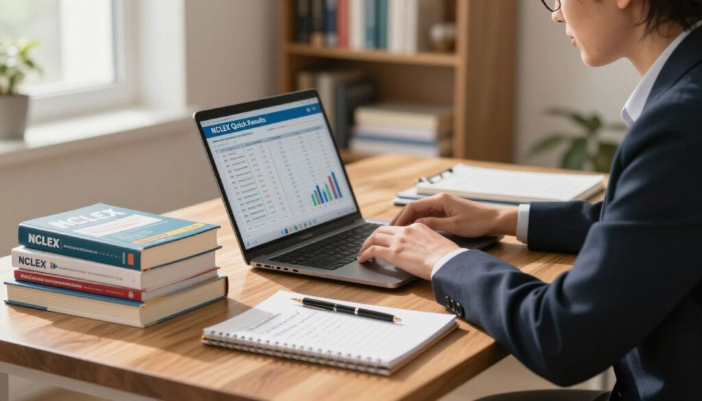 A well-organized workspace featuring a sleek wooden desk with a laptop displaying graphs and charts representing NCLEX Quick Results data analysis. In the foreground, a stack of NCLEX review books and study materials is neatly arranged alongside a notepad filled with handwritten notes. The middle ground showcases a focused individual in professional business attire, analyzing data on the laptop with a look of concentration. The background is softly blurred with a bookshelf filled with medical textbooks and study aids, adding a scholarly atmosphere. Warm, natural lighting filters through a window, casting gentle shadows and creating an inviting ambiance. The image conveys a mood of diligence and professionalism in preparing for the NCLEX exam.