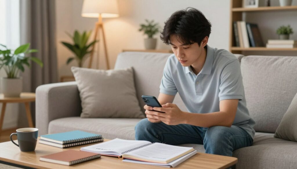 A young adult sitting comfortably on a cozy couch, studying for the NCLEX exam on their smartphone. The foreground features the student in a focused pose, dressed in casual yet professional attire, such as a smart polo shirt and jeans. The middle layer showcases a well-organized coffee table with NCLEX study materials, notebooks, and a cup of coffee, creating an atmosphere of productivity. The background reveals a softly lit living room with warm lighting, plants, and a bookshelf, enhancing the inviting atmosphere. The scene captures a modern, tech-savvy approach to studying, suggesting convenience and flexibility. The mood is calm and determined, reflecting the benefits of mobile studying. A young adult sitting comfortably on a cozy couch, studying for the NCLEX exam on their smartphone. The foreground features the student in a focused pose, dressed in casual yet professional attire, such as a smart polo shirt and jeans. The middle layer showcases a well-organized coffee table with NCLEX study materials, notebooks, and a cup of coffee, creating an atmosphere of productivity. The background reveals a softly lit living room with warm lighting, plants, and a bookshelf, enhancing the inviting atmosphere. The scene captures a modern, tech-savvy approach to studying, suggesting convenience and flexibility. The mood is calm and determined, reflecting the benefits of mobile studying.