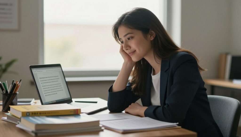 A young woman sitting at a desk, lightly illuminated by a soft, warm light, reflecting on her recent NCLEX exam experience. She has her head slightly tilted, deep in thought, with a faint smile suggesting newfound determination. In the foreground, we see her neatly organized study materials, including textbooks and notes, hinting at her efforts. The middle ground features her laptop open with a comforting screenshot of inspirational quotes visible. In the background, a window shows a bright, hopeful day outside, symbolizing a fresh start. The overall atmosphere is one of resilience and optimism, with a focus on empowerment and reflection on personal growth after setbacks. The young woman is dressed in professional but modest attire, embodying a feeling of confidence and transformation.
