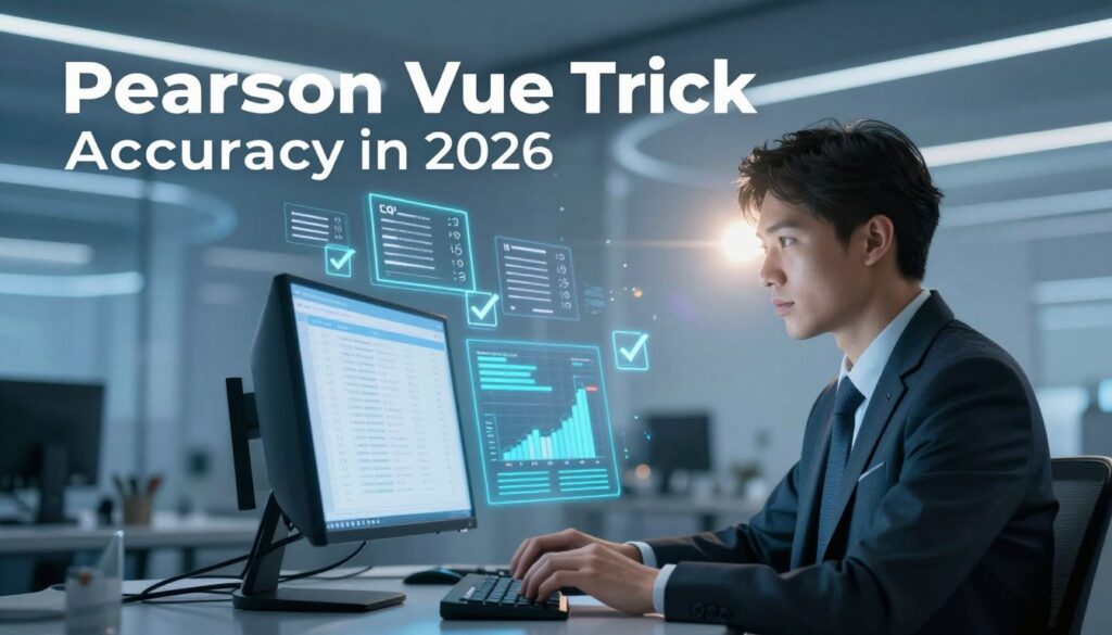 An abstract representation of the "Pearson Vue Trick accuracy in 2026." In the foreground, a professional-looking person in business attire is engaged with a computer, surrounded by glowing data graphs and test results displayed on the screen, symbolizing analysis and accuracy. The middle ground features floating digital elements resembling exam questions and checkmarks, illustrating the concept of testing. The background presents a futuristic office environment with sleek lines and soft blue lighting, creating a tech-savvy atmosphere. A lens flare effect subtly illuminates the scene, enhancing a sense of innovation. The overall mood is focused and analytical, capturing the essence of evaluating the Pearson Vue Trick's effectiveness in a modern context.