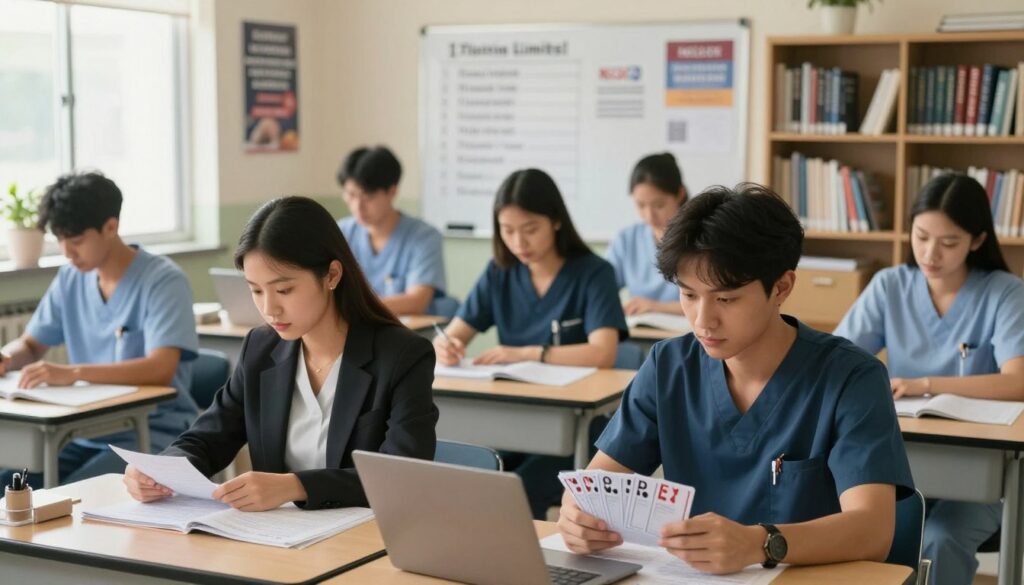 An examination room filled with a diverse group of nursing students anxiously preparing for the NCLEX exam, each focused on their study materials. In the foreground, a young woman in a smart business suit reviews notes at a desk, while a young man beside her holds a stack of flashcards. In the middle ground, a large whiteboard displays a checklist with numbers representing attempt limits, surrounded by motivational posters about perseverance and success. The background reveals a soft-focus bookshelf lined with nursing textbooks. The scene is illuminated by warm, natural light coming from a window, creating a calm and studious atmosphere, captured from a slightly elevated angle to encompass the whole room.
