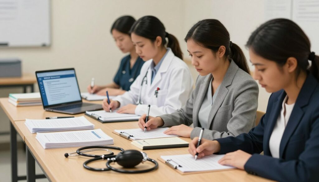 An examination room set up for an NCLEX exam, featuring a long wooden table filled with neatly arranged study materials, textbooks, and nursing tools such as stethoscopes and sphygmomanometers. In the foreground, a diverse group of three nursing students in professional business attire focus intently on their exam papers and notes, their expressions reflecting determination and concentration. The middle layer showcases an open laptop displaying NCLEX practice questions. The background is softly blurred, creating a calming atmosphere with light-colored walls and warm, diffused lighting, evoking a sense of professionalism and focus. The overall mood is one of seriousness and dedication to mastering core competencies for the NCLEX exam. An examination room set up for an NCLEX exam, featuring a long wooden table filled with neatly arranged study materials, textbooks, and nursing tools such as stethoscopes and sphygmomanometers. In the foreground, a diverse group of three nursing students in professional business attire focus intently on their exam papers and notes, their expressions reflecting determination and concentration. The middle layer showcases an open laptop displaying NCLEX practice questions. The background is softly blurred, creating a calming atmosphere with light-colored walls and warm, diffused lighting, evoking a sense of professionalism and focus. The overall mood is one of seriousness and dedication to mastering core competencies for the NCLEX exam.