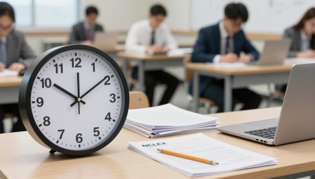 An examination room setting designed for the NCLEX test. In the foreground, a large, round clock displays the time prominently, symbolizing the test duration. In the middle, a desk with neatly arranged NCLEX study materials, a laptop, and a calculator captures the essence of preparation. Test papers and a pencil are scattered, suggesting the test-taker's focus on time management. The background features a soft-focus view of a testing center with rows of desks and students engaged in the exam, all dressed in professional business attire. Bright, even lighting illuminates the scene, creating a calm yet focused atmosphere, with a slight depth of field to emphasize the clock and study materials, hinting at the importance of timing in the NCLEX process. An examination room setting designed for the NCLEX test. In the foreground, a large, round clock displays the time prominently, symbolizing the test duration. In the middle, a desk with neatly arranged NCLEX study materials, a laptop, and a calculator captures the essence of preparation. Test papers and a pencil are scattered, suggesting the test-taker's focus on time management. The background features a soft-focus view of a testing center with rows of desks and students engaged in the exam, all dressed in professional business attire. Bright, even lighting illuminates the scene, creating a calm yet focused atmosphere, with a slight depth of field to emphasize the clock and study materials, hinting at the importance of timing in the NCLEX process.