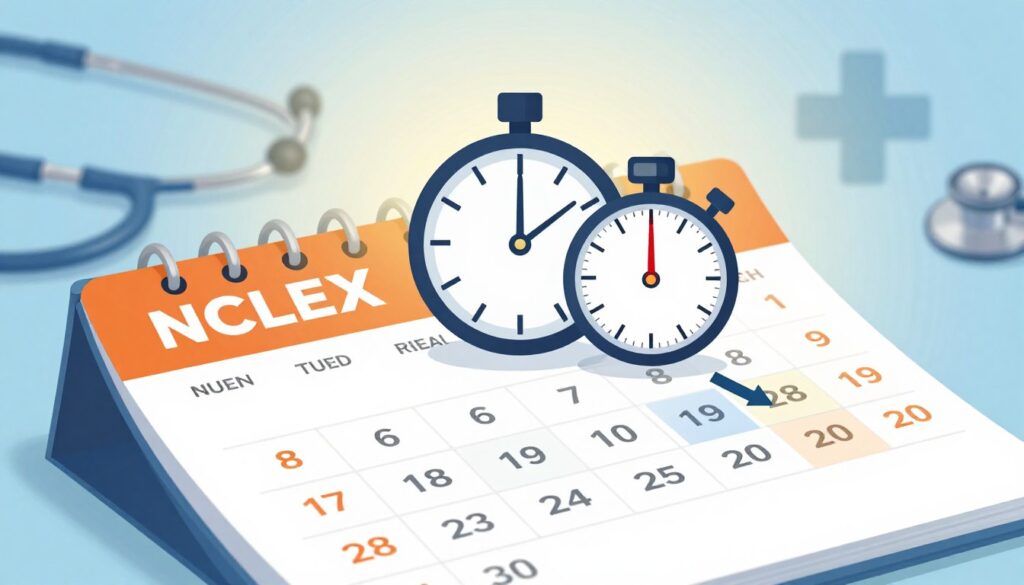 An informative and visually appealing illustration depicting the NCLEX results delivery timeframe. In the foreground, a calendar opened to a specific month, with various dates highlighted to indicate key timeframes for NCLEX results. In the middle, a clock and a stopwatch, symbolizing urgency and timing, with arrows pointing towards various dates on the calendar. In the background, a soft gradient suggesting a professional setting, with subtle hints of a healthcare environment, like blurred medical symbols or a stethoscope. The lighting is bright yet soft, creating a hopeful and focused atmosphere. The overall composition conveys a sense of anticipation and professionalism without any text or figures, focusing solely on the concept of the timeline. An informative and visually appealing illustration depicting the NCLEX results delivery timeframe. In the foreground, a calendar opened to a specific month, with various dates highlighted to indicate key timeframes for NCLEX results. In the middle, a clock and a stopwatch, symbolizing urgency and timing, with arrows pointing towards various dates on the calendar. In the background, a soft gradient suggesting a professional setting, with subtle hints of a healthcare environment, like blurred medical symbols or a stethoscope. The lighting is bright yet soft, creating a hopeful and focused atmosphere. The overall composition conveys a sense of anticipation and professionalism without any text or figures, focusing solely on the concept of the timeline.