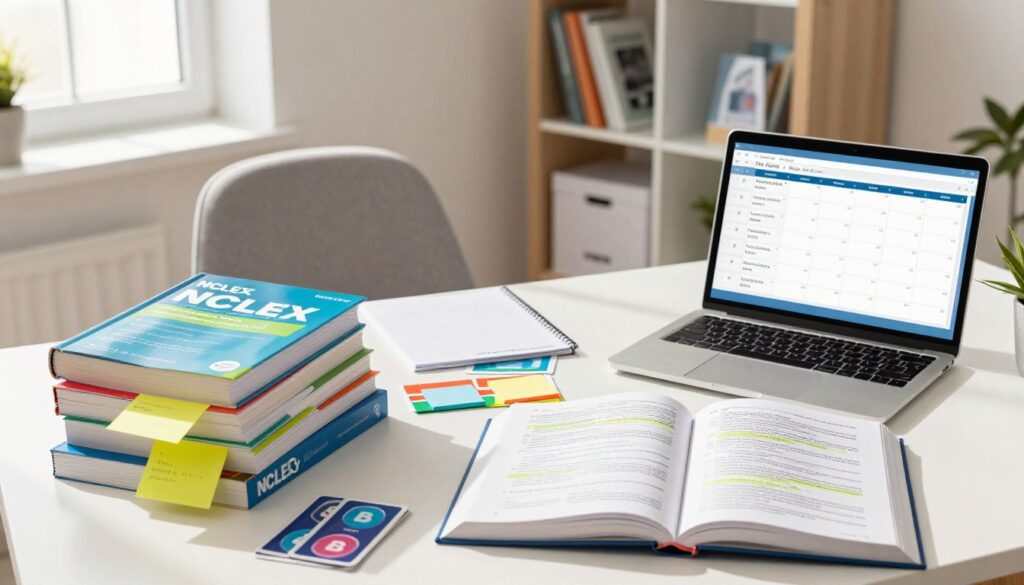 An organized study desk in a bright, well-lit room, showcasing vibrant NCLEX study materials such as textbooks, flashcards, and colorful sticky notes. In the foreground, a neatly arranged pile of NCLEX review books lies open, with highlighted text and margin notes visible. To the side, a laptop displays a study plan calendar with a structured timeline and key study topics. The middle background features a comfortable chair and a bookshelf filled with additional nursing resources. Soft sunlight pours in through a nearby window, creating a warm and focused atmosphere. The scene evokes a sense of motivation and clarity, highlighting a productive study environment ideal for NCLEX preparation.
