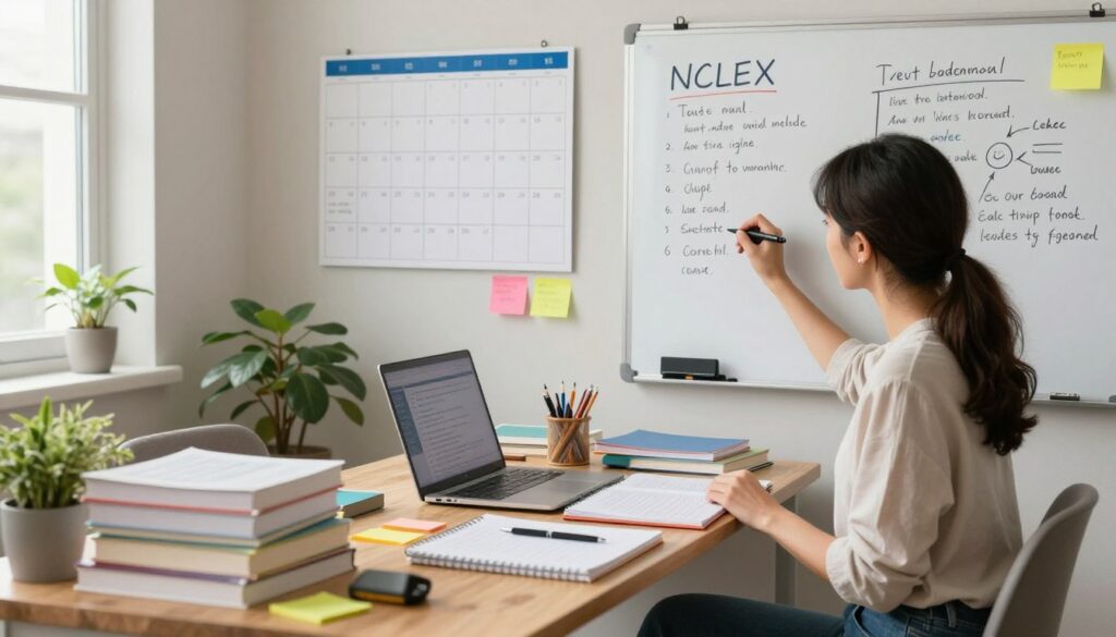 An organized study desk in a well-lit room, overflowing with NCLEX study materials including textbooks, notebooks, and colorful sticky notes. In the foreground, a professional woman in modest casual clothing, focused and diligent, is writing on a whiteboard filled with study goals and assessment criteria. The middle layer features a calendar on the wall marked with study milestones and exam dates. The background shows a cozy, inviting atmosphere with plants and a window letting soft natural light in. The scene is warm and inspiring, creating a sense of determination and purpose, emphasizing a productive study environment for aspiring nursing professionals.