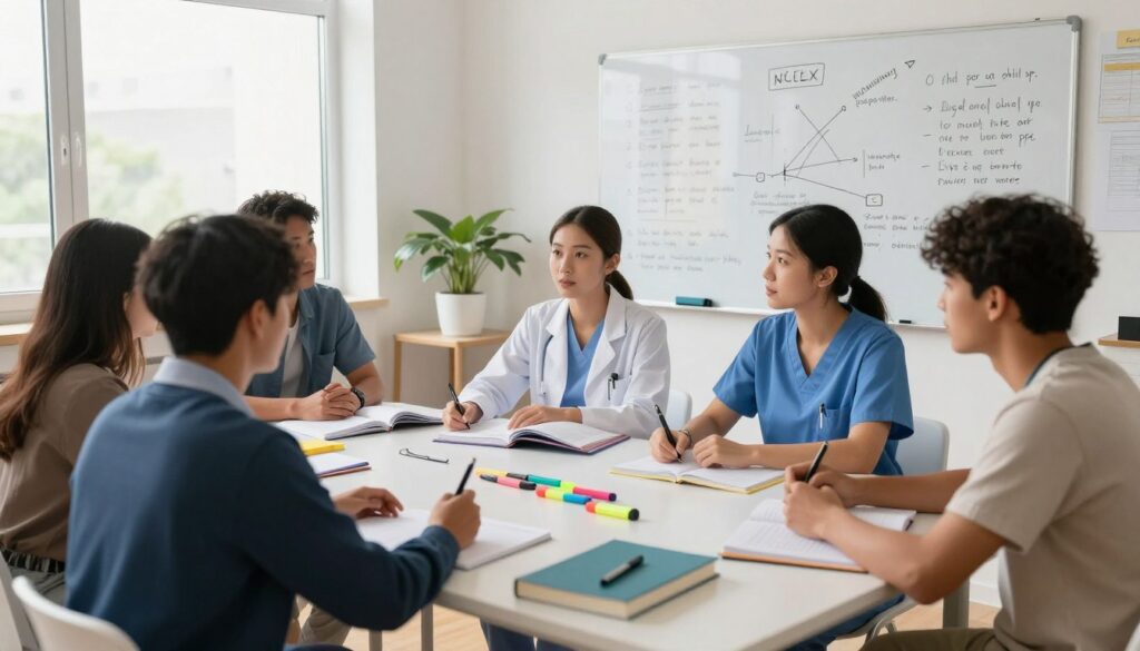 An organized study session for NCLEX preparation in a bright, modern study room. In the foreground, a diverse group of five nursing students, two men and three women, sit around a large table covered with textbooks, notebooks, and highlighters. They are engaged in discussion, dressed in smart casual attire. The middle ground features a whiteboard filled with diagrams, study notes, and motivational quotes about effective review strategies. In the background, large windows allow natural light to pour in, creating a warm and inviting atmosphere. The overall mood is focused and collaborative, emphasizing the importance of review sessions. The angle is slightly elevated, giving a clear view of the group dynamics and the study materials. An organized study session for NCLEX preparation in a bright, modern study room. In the foreground, a diverse group of five nursing students, two men and three women, sit around a large table covered with textbooks, notebooks, and highlighters. They are engaged in discussion, dressed in smart casual attire. The middle ground features a whiteboard filled with diagrams, study notes, and motivational quotes about effective review strategies. In the background, large windows allow natural light to pour in, creating a warm and inviting atmosphere. The overall mood is focused and collaborative, emphasizing the importance of review sessions. The angle is slightly elevated, giving a clear view of the group dynamics and the study materials.