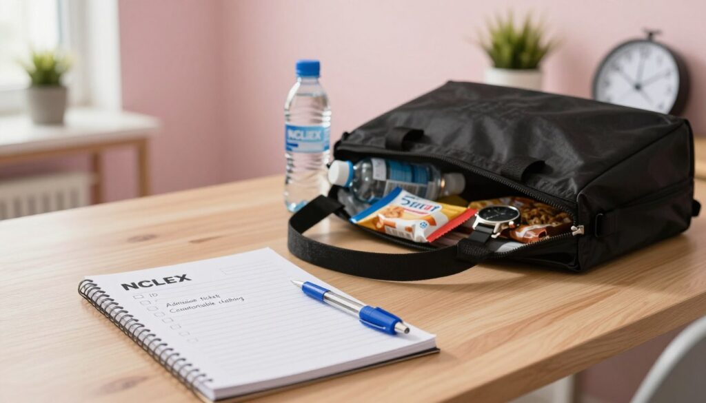 An organized study table set up for the NCLEX exam, featuring a neatly arranged checklist of personal items to consider. In the foreground, a pocket-sized white notepad holds neatly written items, such as “ID,” “Admission ticket,” and “Comfortable clothing,” with a blue pen resting beside it. In the middle, a stylish black tote bag is partially open, revealing essentials like a water bottle, snacks, and a watch. The background shows a softly lit room with calming pastel-colored walls, a small plant on the desk, and a clock indicating time management. The atmosphere is warm and focused, with soft natural light streaming in through a window, emphasizing a sense of readiness and calm preparation for the exam. An organized study table set up for the NCLEX exam, featuring a neatly arranged checklist of personal items to consider. In the foreground, a pocket-sized white notepad holds neatly written items, such as “ID,” “Admission ticket,” and “Comfortable clothing,” with a blue pen resting beside it. In the middle, a stylish black tote bag is partially open, revealing essentials like a water bottle, snacks, and a watch. The background shows a softly lit room with calming pastel-colored walls, a small plant on the desk, and a clock indicating time management. The atmosphere is warm and focused, with soft natural light streaming in through a window, emphasizing a sense of readiness and calm preparation for the exam.