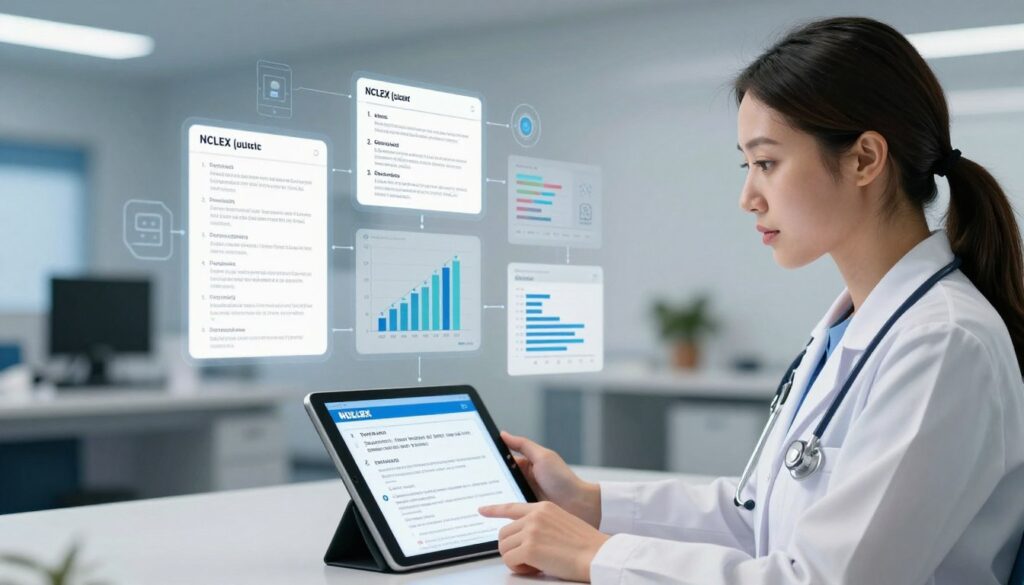 An overview of the NCLEX Computerized Adaptive Testing (CAT) system for nursing licensure, with a clean, professional aesthetic. In the foreground, a nurse in business attire is engaged with a tablet displaying interactive test questions, her expressions reflecting concentration and adaptability. In the middle layer, various graphs and charts float around her, representing how the CAT adjusts questions based on responses, indicating a dynamic flow of information. The background features a modern testing environment, with abstract elements symbolizing algorithms and adaptive technology. Soft, focused lighting enhances the scene's clarity and professionalism, while a slightly blurred depth of field emphasizes the subject. The overall mood is one of innovation and serious dedication to the nursing profession.